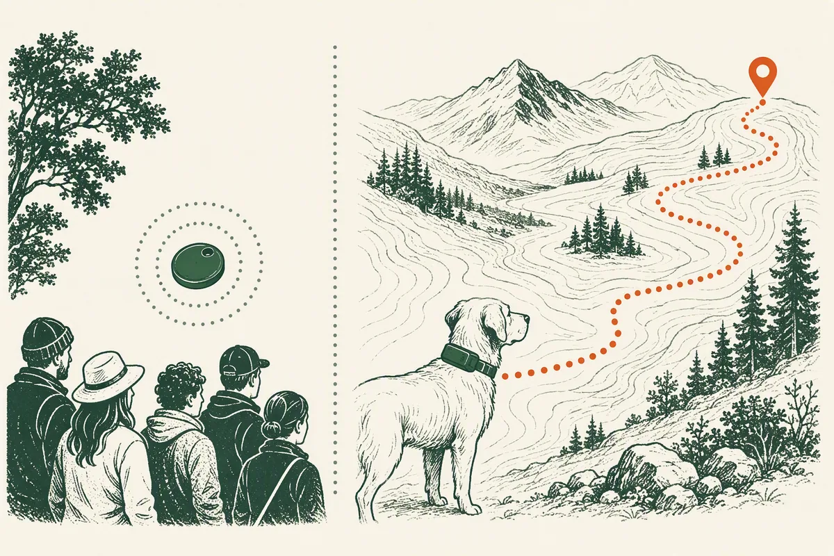 Illustration: AirTag versus a dog GPS tracker, a short-range bluetooth tag next to a collar tracker whose trail reaches a distant map pin