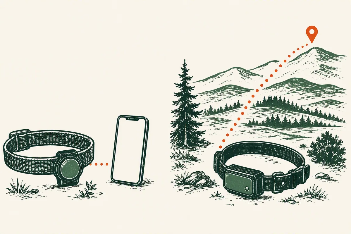 Illustration: a Bluetooth tracking disc with short signal reach next to a GPS collar unit reaching a distant pin, from our guide to how dog GPS trackers work