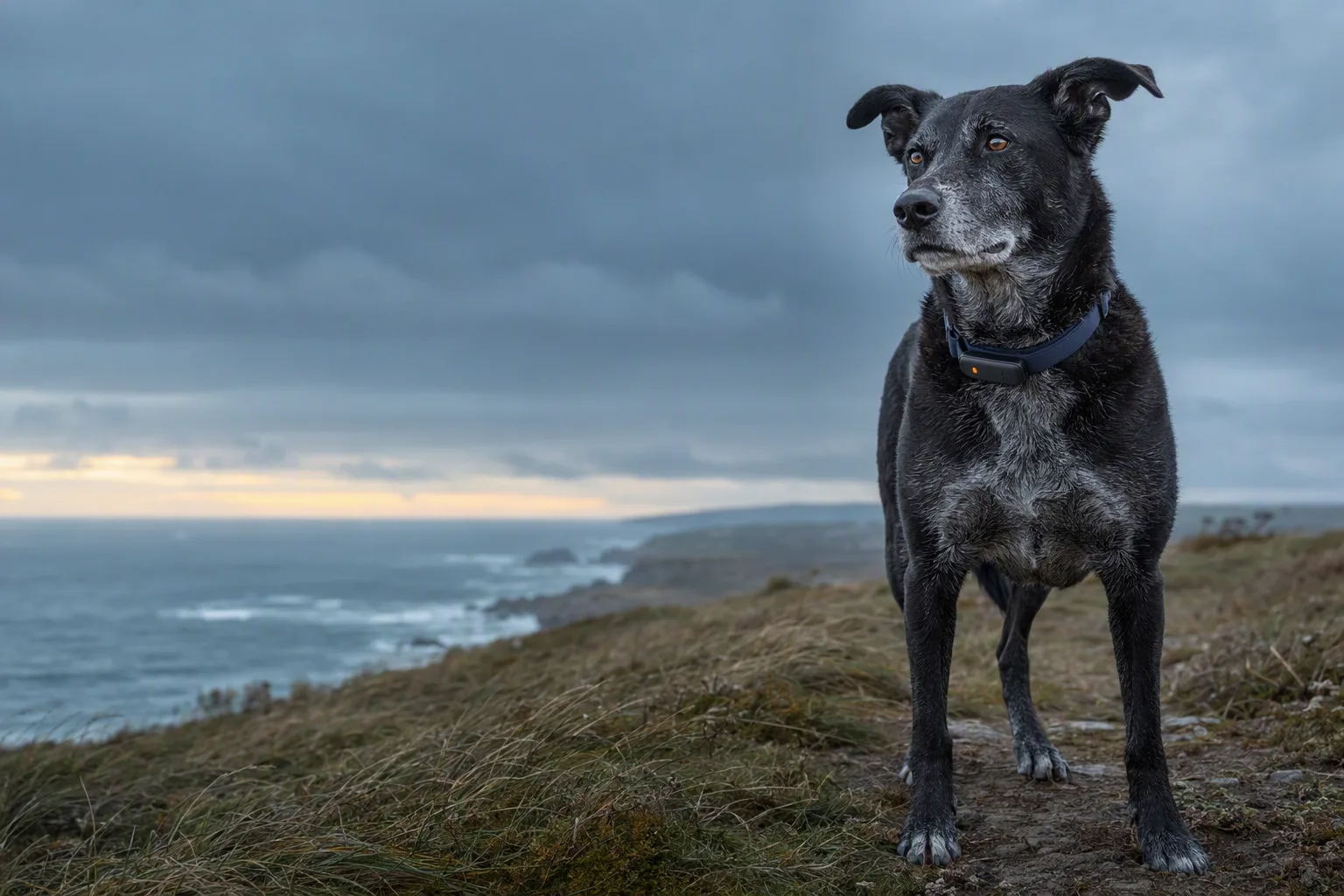 Black dog wearing a GPS collar on a coastal trail
