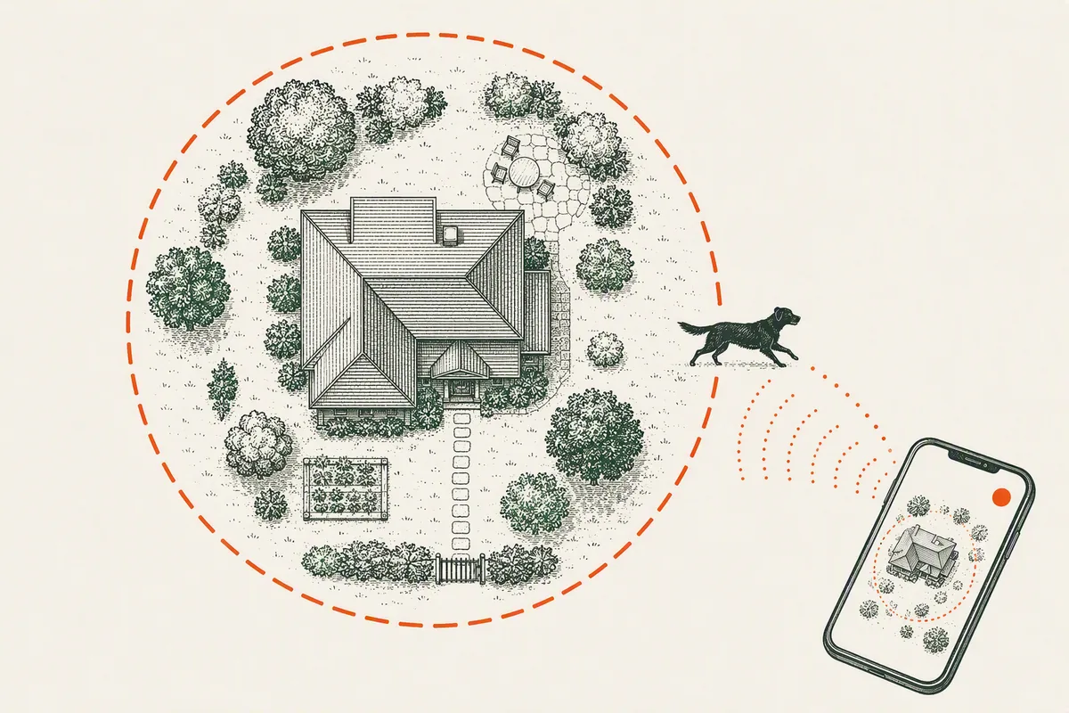 Illustration: an aerial view of a garden with a dashed geofence line, a dog crossing it and an alert reaching a phone, from our guide to the best dog GPS trackers in the UK