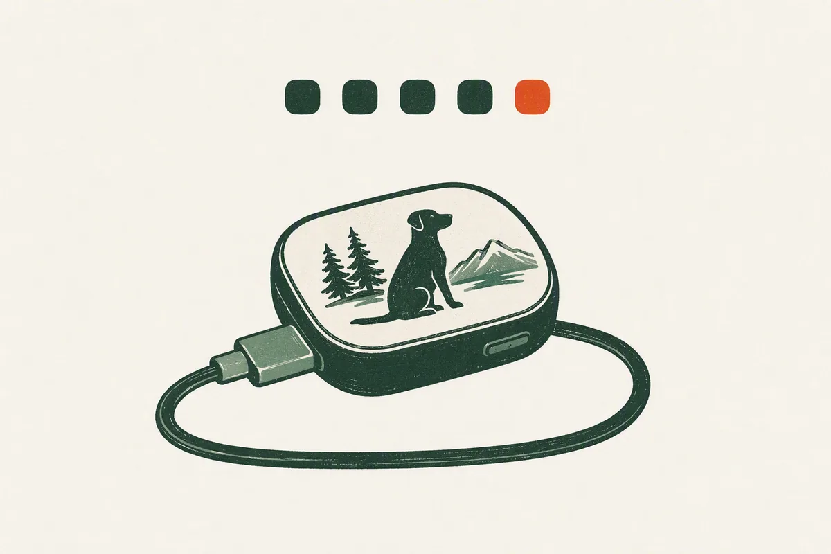 Illustration: a pet GPS tracker on its charging cable with battery level marks, from our guide to common Tractive problems