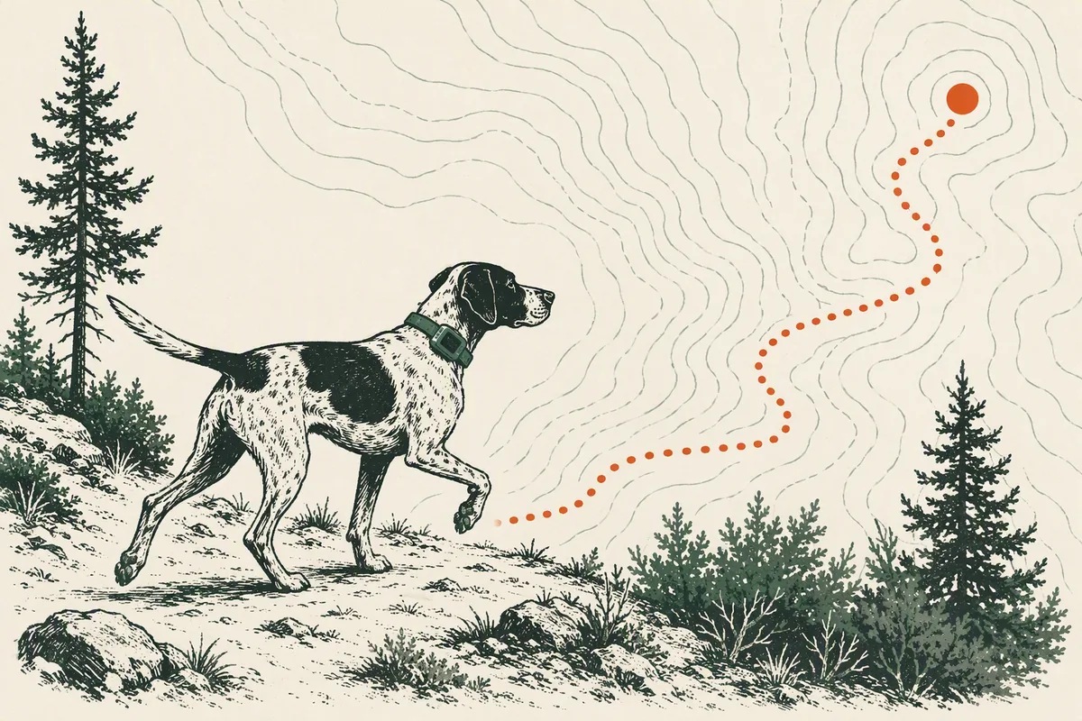 Illustration: a dog wearing a collar-mounted GPS tracker on a woodland trail, with a dotted breadcrumb trail leading to an orange location marker