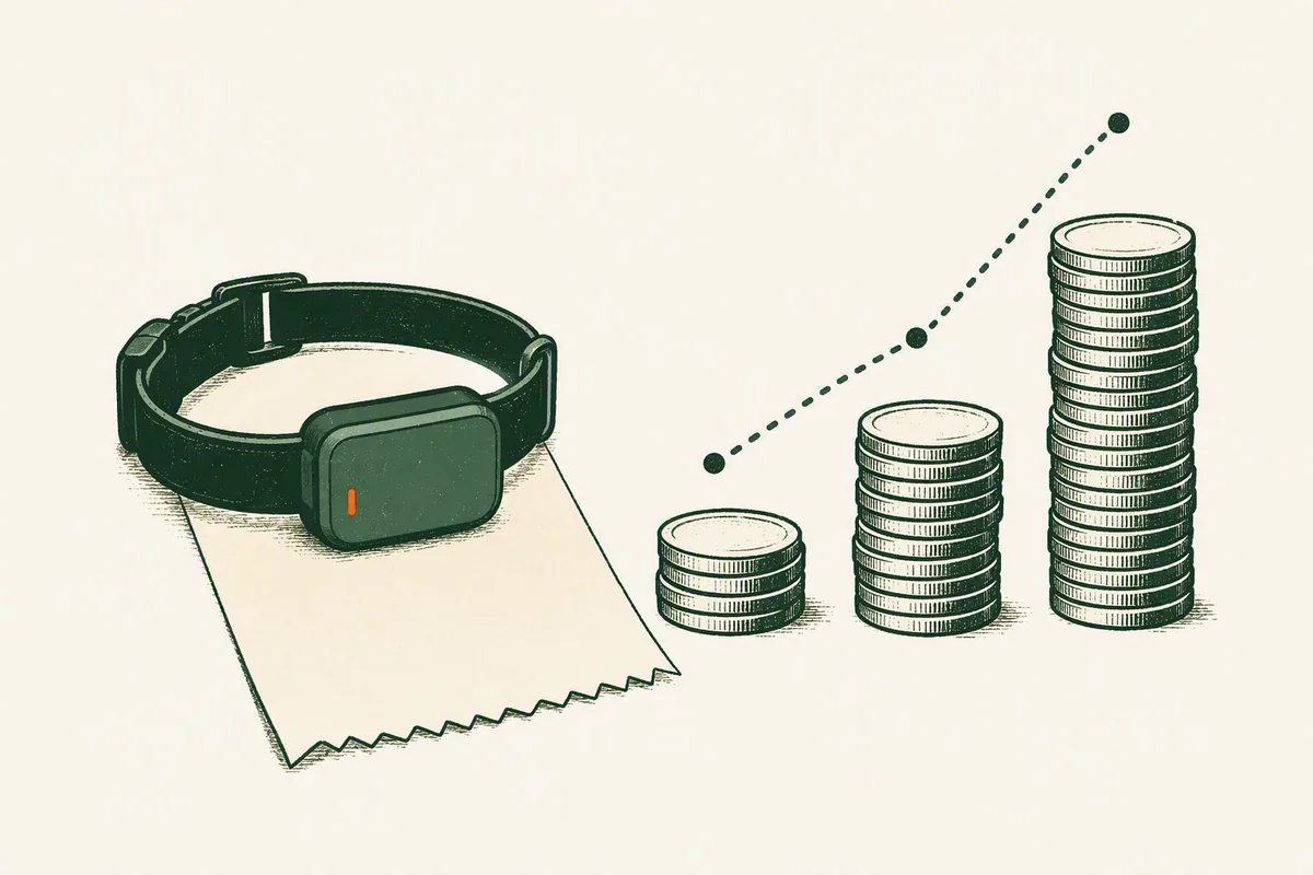Illustration: dog GPS tracker cost in the UK, a tracker on a receipt beside rising coin stacks showing multi-year ownership cost