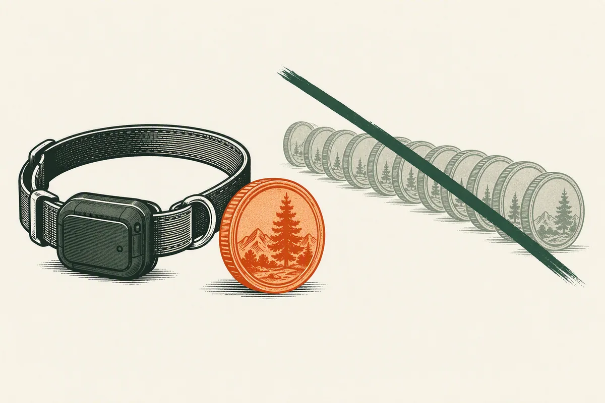 Illustration: a dog GPS tracker with no subscription, one single payment instead of an endless row of monthly fees