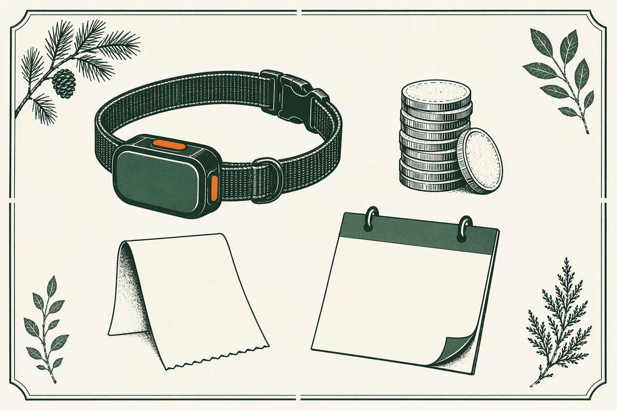 Illustration: a collar GPS tracker beside stacked coins, a receipt and a calendar sheet, from our guide to the Fi smart collar in the UK