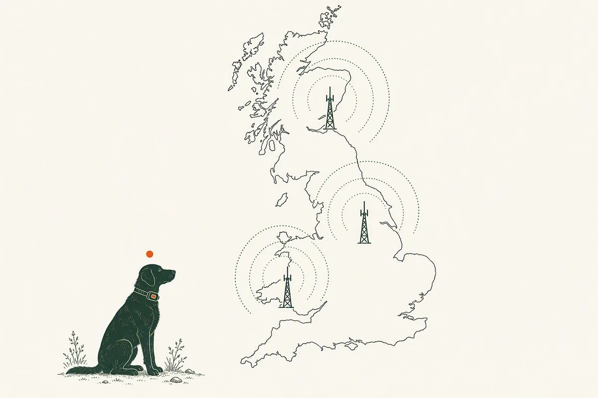 Illustration: an outline map of Great Britain with mobile masts and coverage arcs and a dog wearing a tracker, from our guide to the Fi smart collar in the UK