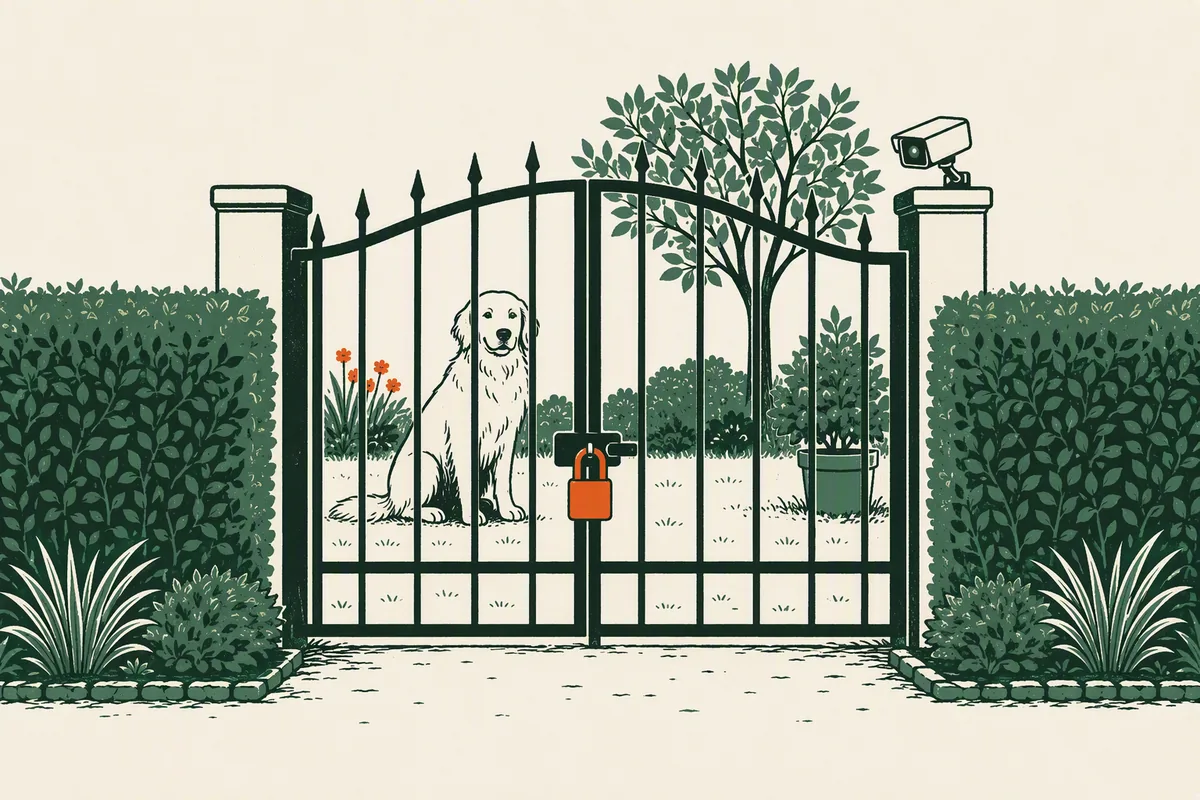 Illustration: dog theft prevention in the UK, a dog secured behind a locked garden gate with a camera on the gatepost