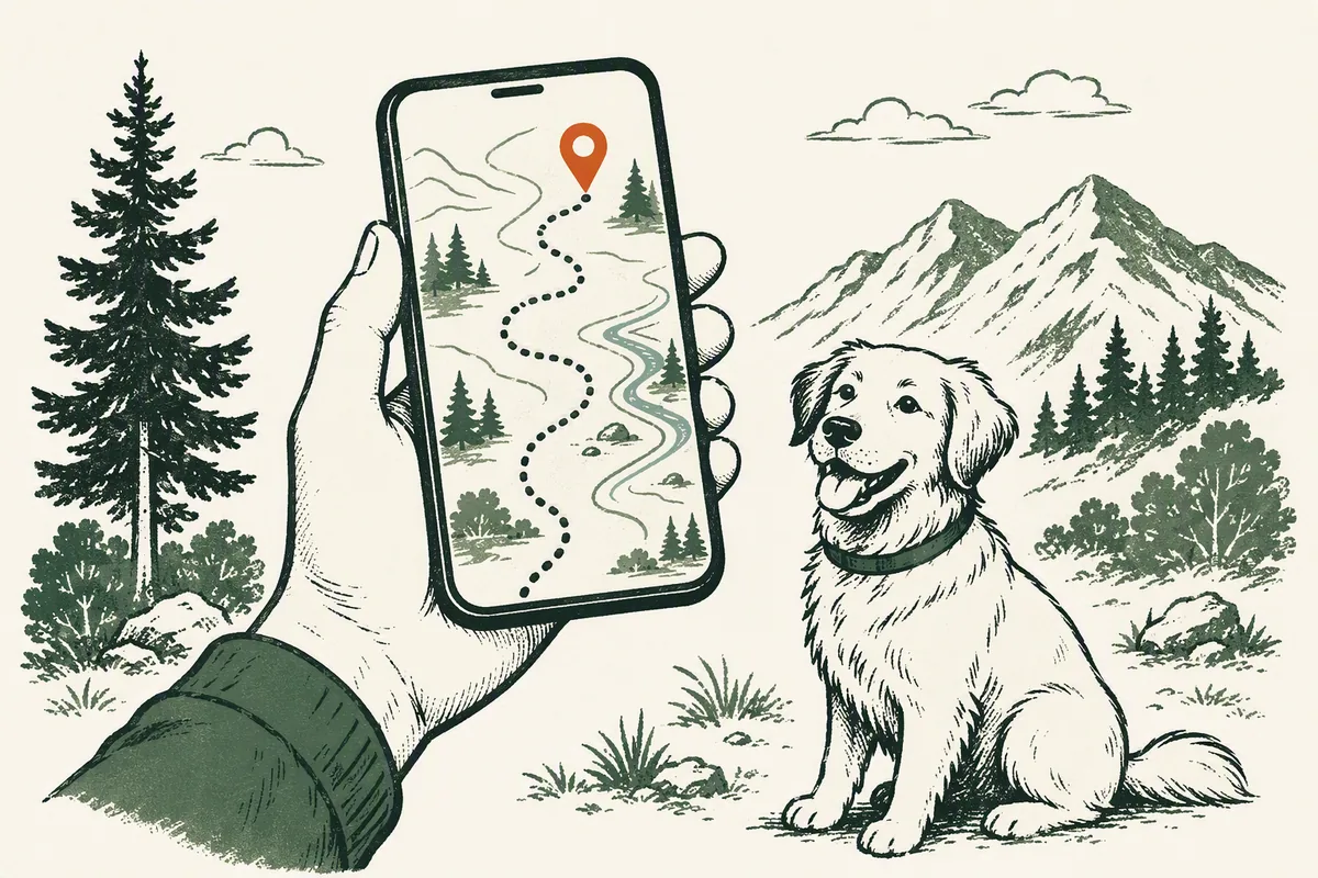 Illustration: a hand holding a smartphone with a live map trail ending at an orange pin, a dog beside it, from our guide to the Fi smart collar in the UK