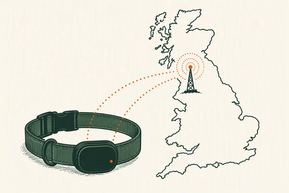 Illustration: the Fi smart dog collar arriving in the UK, a smart collar in front of a Great Britain outline with a mobile mast signal