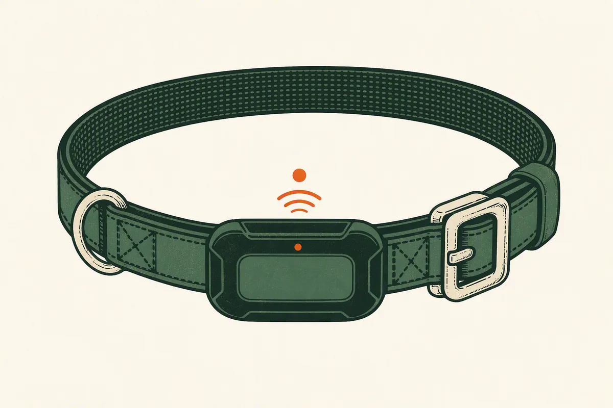 Illustration: a sport-style smart dog collar with integrated GPS module, from our guide to the Fi smart collar in the UK