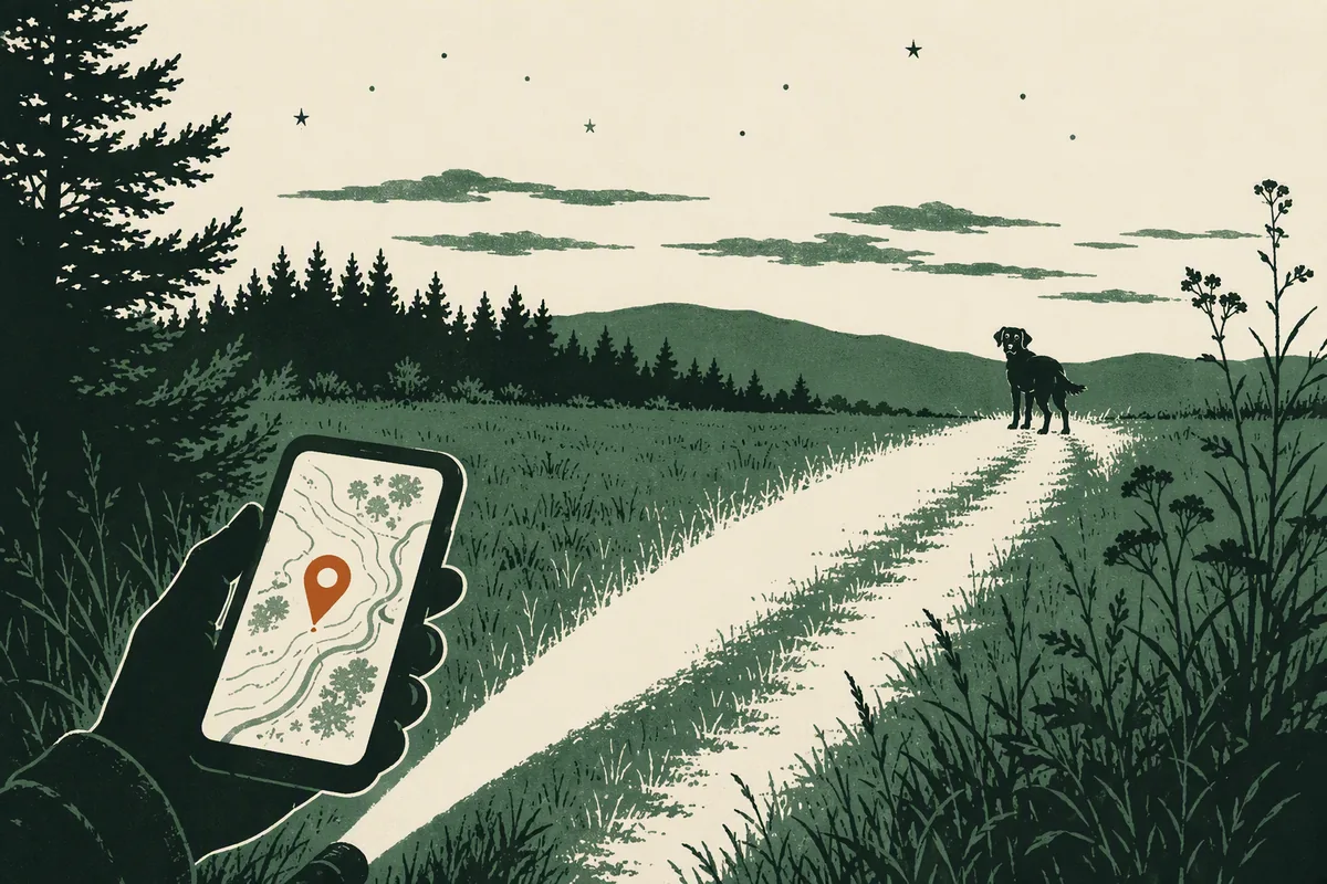Illustration: a torch beam finding a dog on a dusk path while a phone shows a map pin, from our guide to dog theft in the UK