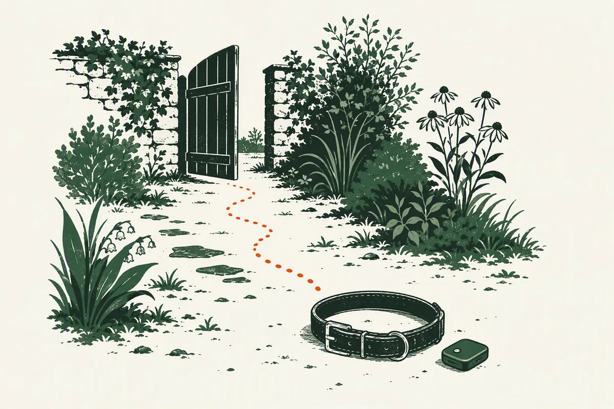 Illustration: an empty dog collar with GPS tracker lying on a path where its dotted trail stops, from our guide to dog theft in the UK