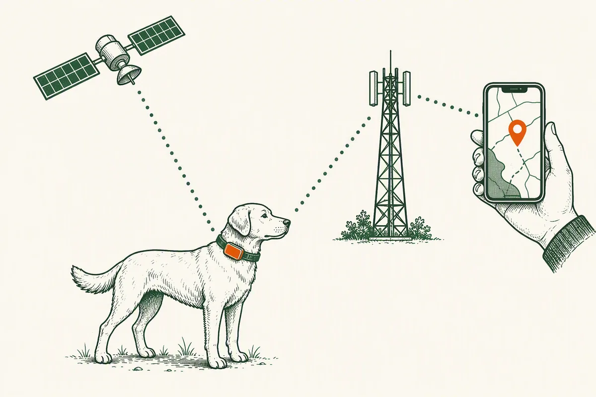 Diagram: GPS satellites send position signals to a collar tracker on a dog; the tracker transmits its location over a mobile phone mast to a smartphone app showing a map pin