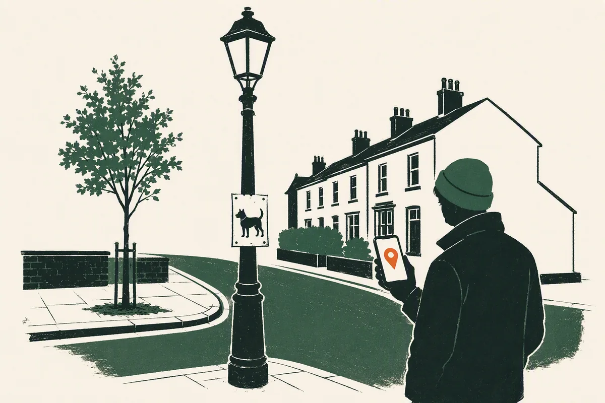 Illustration: finding a lost dog in the UK, a poster on a lamppost and an owner checking a live map pin on a phone