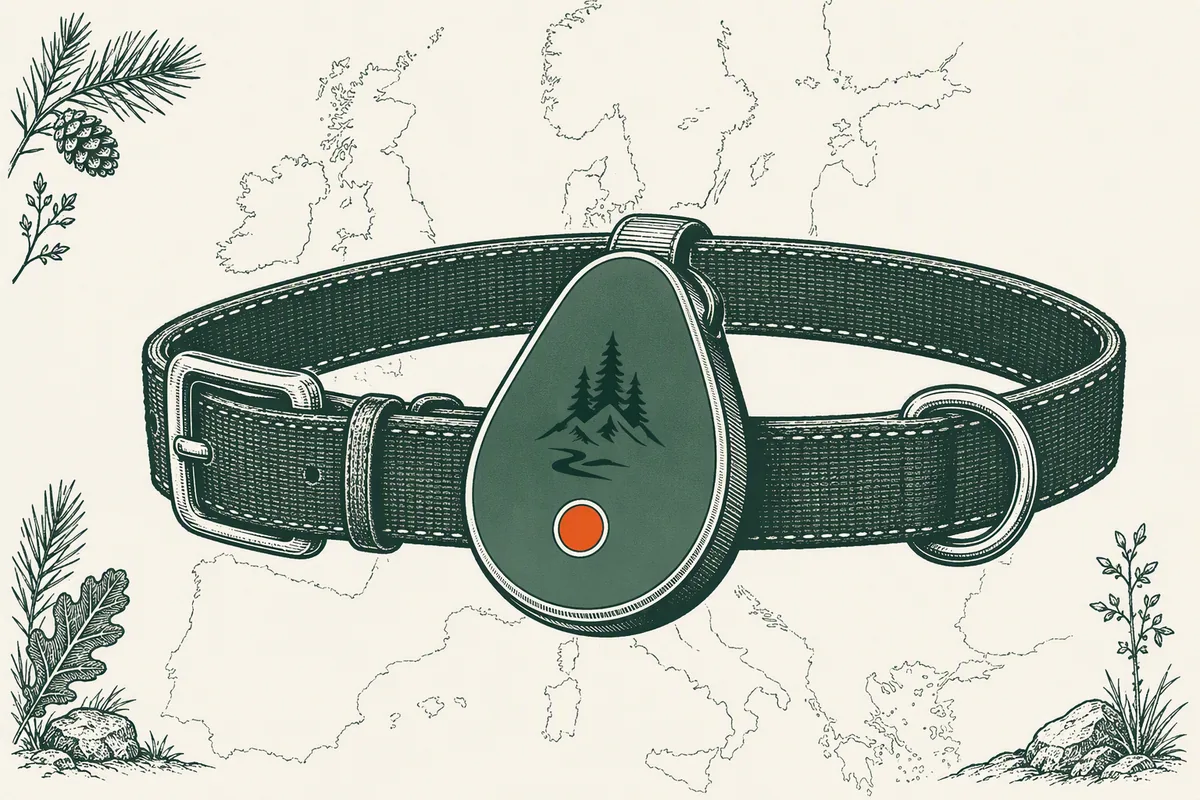 Illustration: a rounded Kippy-style pet GPS tracker on a collar with a faint European map outline, from our guide to the Kippy Dog GPS tracker