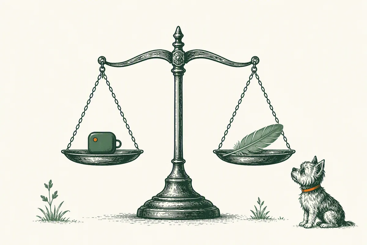 Illustration: a balance scale weighing a tiny GPS tracker against a feather while a small dog watches, from our guide to the Weenect XS for small dogs