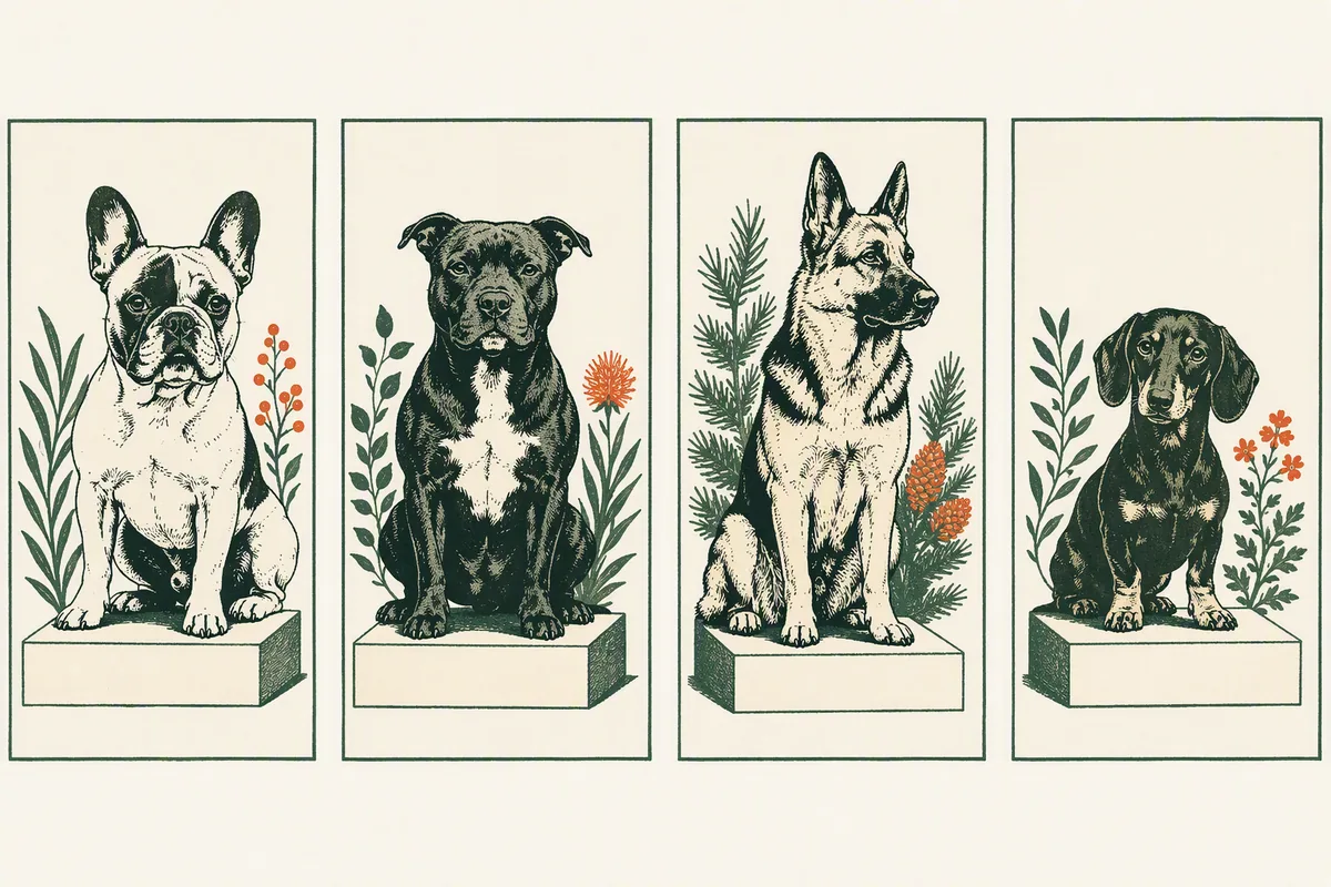 Illustration: four field-guide plates of a french bulldog, staffordshire bull terrier, german shepherd and dachshund, from our guide to dog theft in the UK