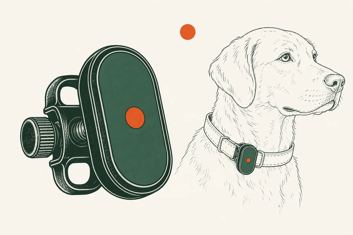 Illustration: a compact oval Pawfit-style pet GPS tracker with collar mount, from our guide to the best dog GPS trackers in the UK