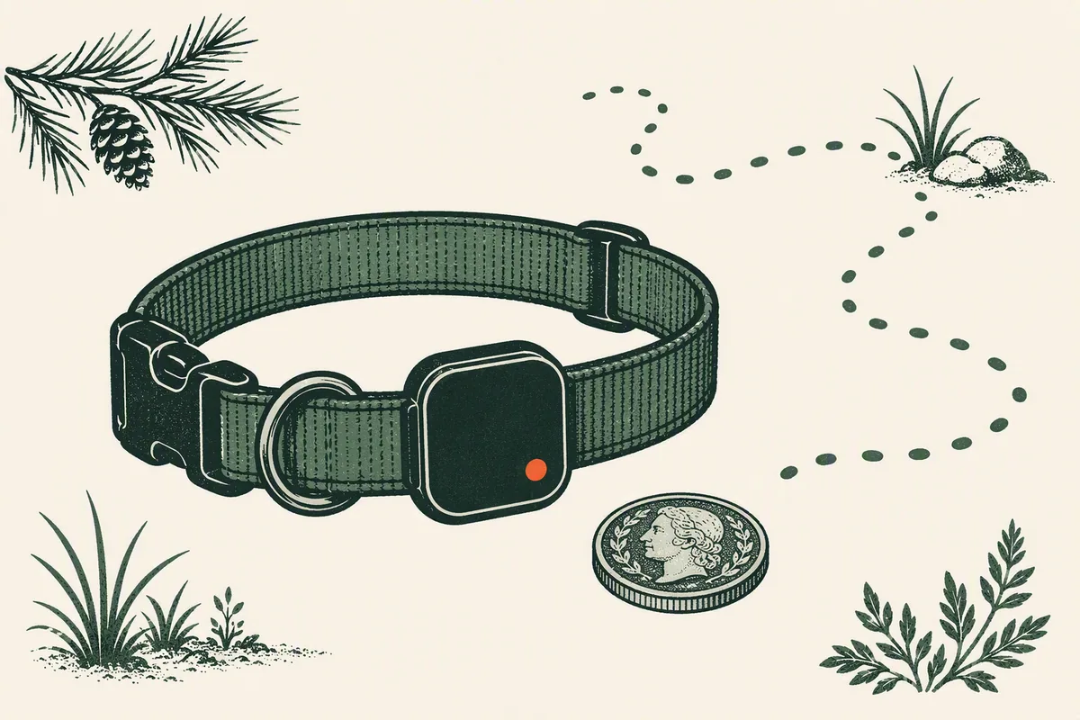 Illustration: a small square PitPat-style GPS tracker on a fabric collar beside a single coin, from our guide to PitPat vs Tractive