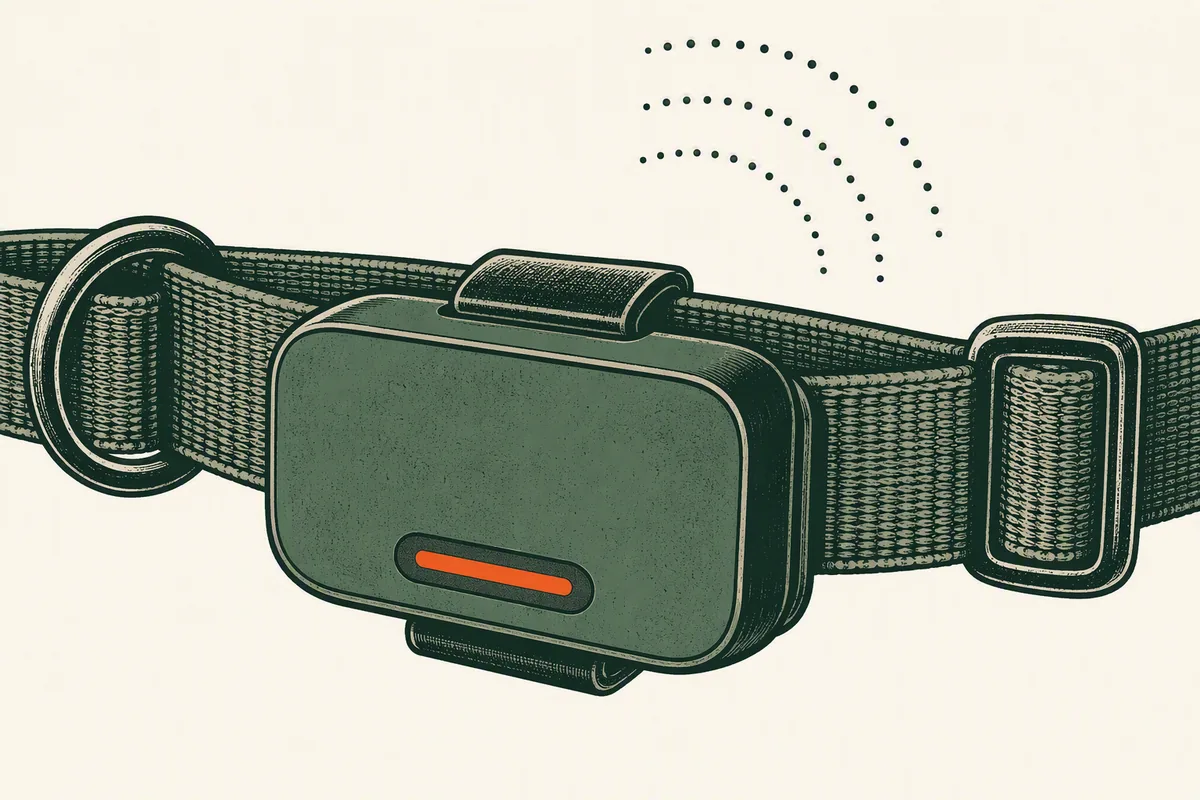Illustration: a collar-mounted Tractive-style dog GPS tracker unit with signal arcs, from our guide to the best dog GPS trackers in the UK