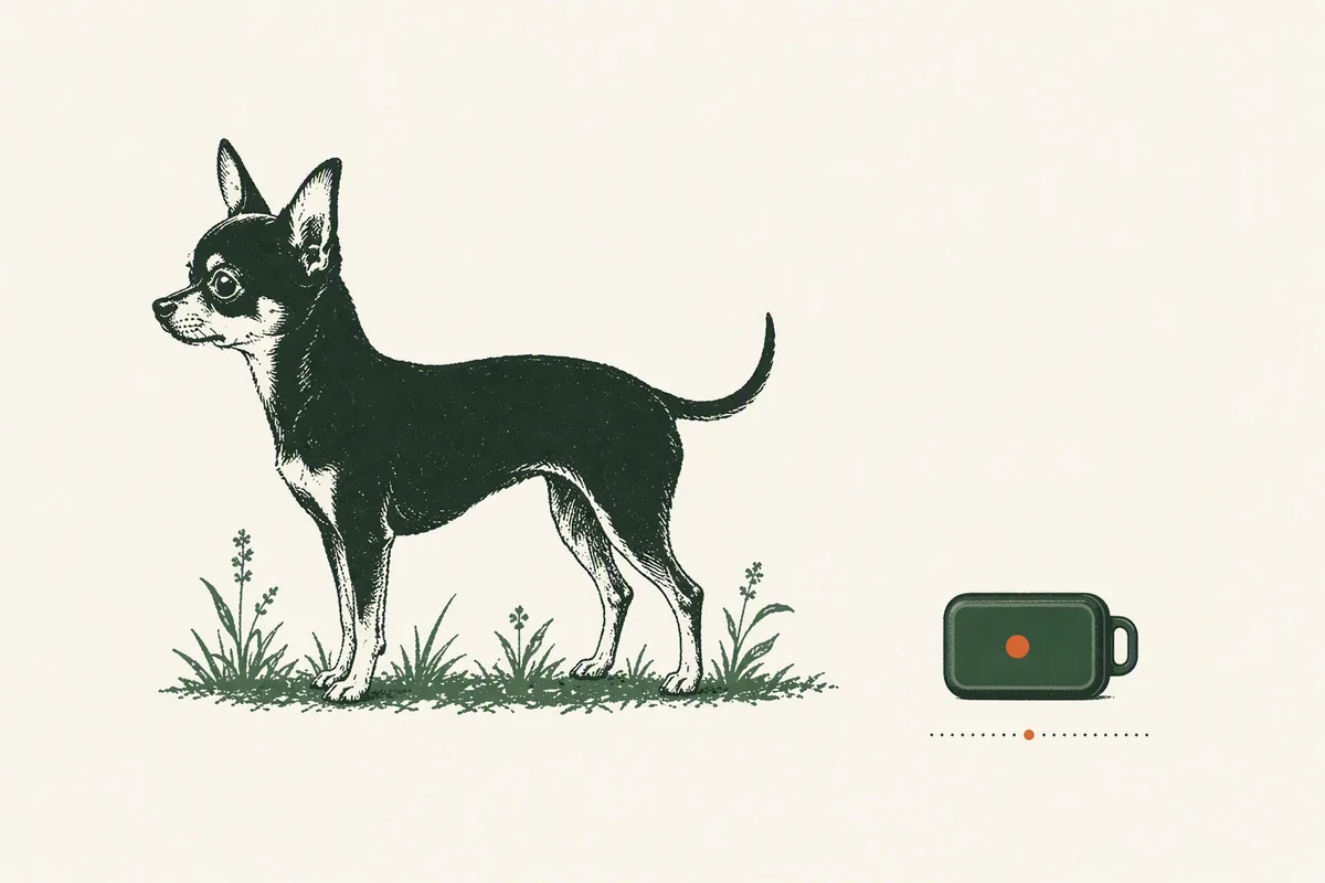 Illustration: a tiny Weenect-style GPS tracker drawn beside a very small dog silhouette, from our guide to the Weenect XS for small dogs